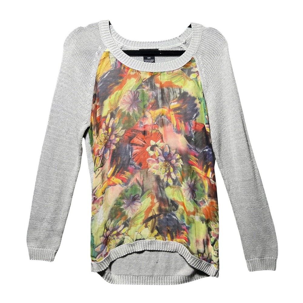 Alison Sheri Womens‎ Silver Knit Floral Sheer Mixed Media Sweater Size M